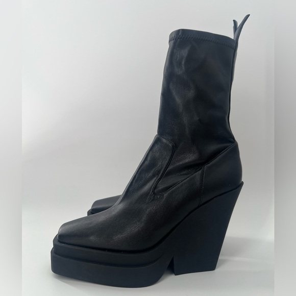 Gia Borghini Texan Black Leather Chunky Platform Sock Square Toe Boots - Picture 6 of 13